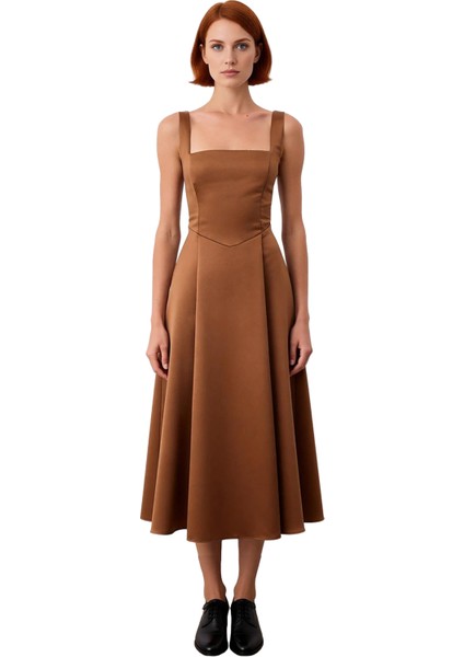 Kadın Abiye Kokteyl Elbisesi Skater Kalıp Kare Yaka Kalın Askılı Midi Dokuma Saten Şık Kaliteli fiyatları