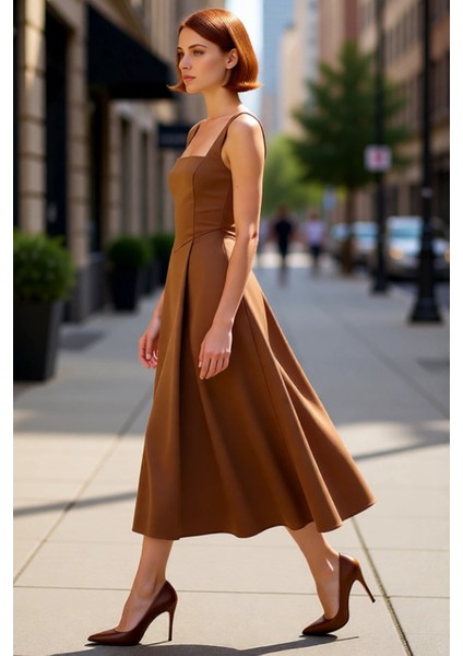 Kadın Abiye Kokteyl Elbisesi Skater Kalıp Kare Yaka Kalın Askılı Midi Dokuma Saten Şık Kaliteli fırsatları