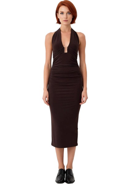 Kadın Özel Davetler Için Boyundan Bağlamalı Midi Kolsuz Bodycon Örme Şık Elbise Aksesuarlı fiyatları