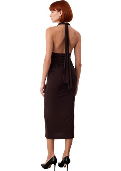 Kadın Özel Davetler Için Boyundan Bağlamalı Midi Kolsuz Bodycon Örme Şık Elbise Aksesuarlı modelleri