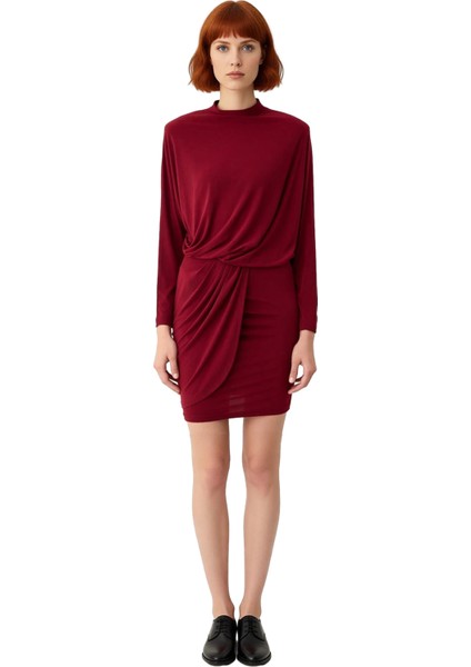 Kadın Düz Desen Örme Kumaş Dik Yaka Yarasa Kol Bodycon Elbise Kış Şık Akşamlar Için Mini Kaliteli fiyatları