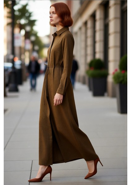 Kadın Uzun Kollu Gömlek Yaka Maxi Boy A Line Kesim Düz Dokuma Tesettür Günlük Elbise Kaliteli modelleri