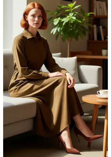 Kadın Uzun Kollu Gömlek Yaka Maxi Boy A Line Kesim Düz Dokuma Tesettür Günlük Elbise Kaliteli fırsatları