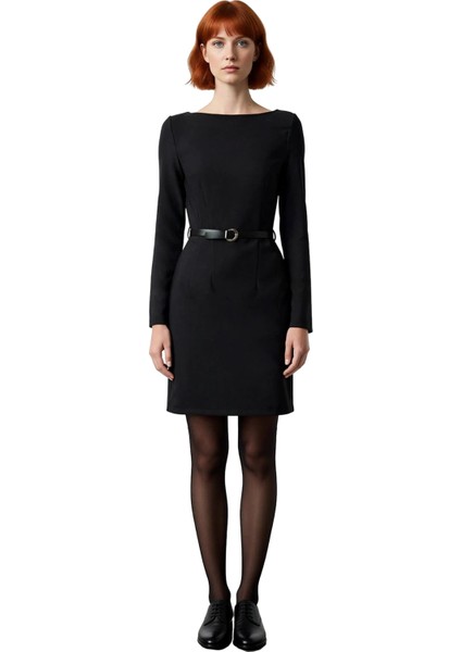 Kadın Kemerli A Kesim Kayık Yaka Uzun Kollu Dokuma Mini Elbise Modern Iş ve Günlük Kombinler Için