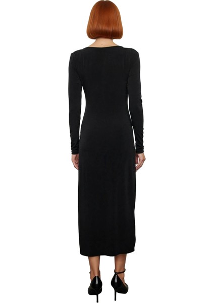 Kadın Kayık Yaka Düşük Kol Şık Düz Desen Bodycon Maxi Örme Elbise Kış Sezonu Zarafeti Sunar fiyatları