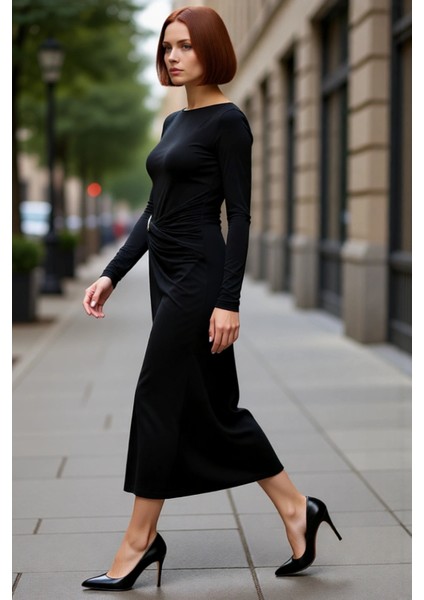 Kadın Kayık Yaka Düşük Kol Şık Düz Desen Bodycon Maxi Örme Elbise Kış Sezonu Zarafeti Sunar modelleri