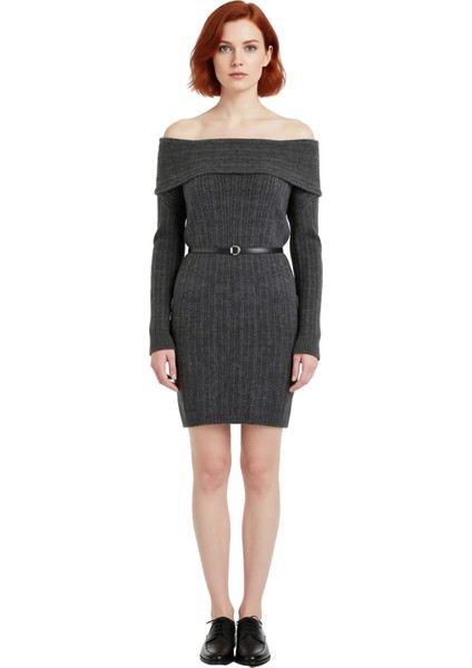 Kadınlar Için Carmen Yaka Fitilli Triko Elbise Shift Kesim Standart Kol Mini Boy Şık Günlük