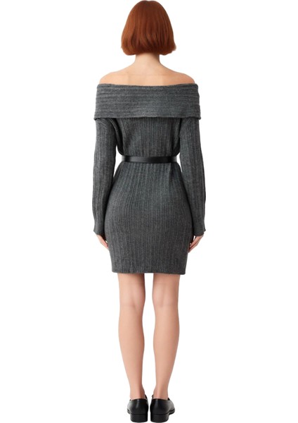 Kadınlar Için Carmen Yaka Fitilli Triko Elbise Shift Kesim Standart Kol Mini Boy Şık Günlük fiyatları