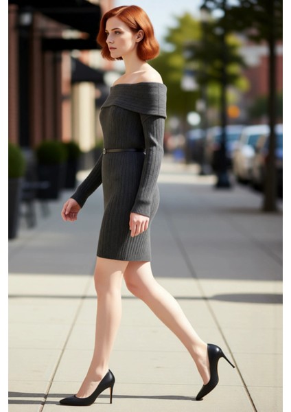 Kadınlar Için Carmen Yaka Fitilli Triko Elbise Shift Kesim Standart Kol Mini Boy Şık Günlük modelleri