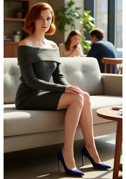 Kadınlar Için Carmen Yaka Fitilli Triko Elbise Shift Kesim Standart Kol Mini Boy Şık Günlük fırsatları