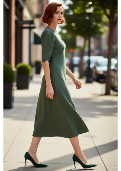 Kadın Fashion Forward Krep Kumaş V Yaka Midi Boy Büzgülü Kol Dokuma Elbise Ilkbahar Sonbahar modelleri