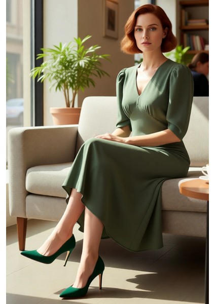 Kadın Fashion Forward Krep Kumaş V Yaka Midi Boy Büzgülü Kol Dokuma Elbise Ilkbahar Sonbahar fırsatları