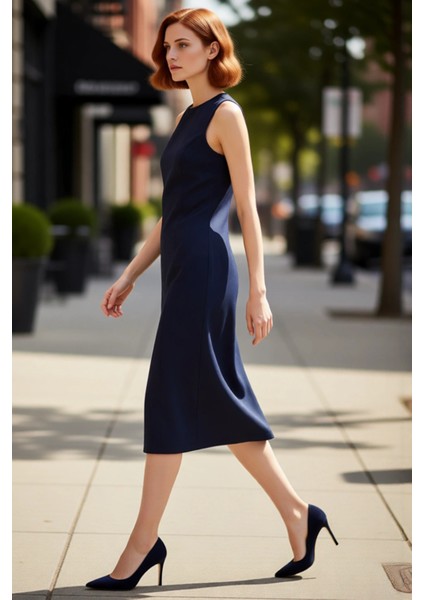 Kadın Düz Desen Kolsuz Bodycon Midi Denim Elbise Yırtmaçlı Bisiklet Yaka Şık ve Rahat Kombinler modelleri