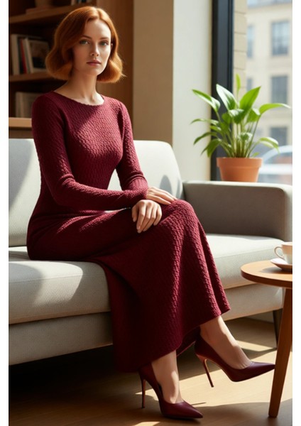 Kadın Örme Maxi Elbise Bodycon Kalıp Uzun Kollu Kayık Yaka Sırt Dekolteli Günlük Şık Giyim fırsatları