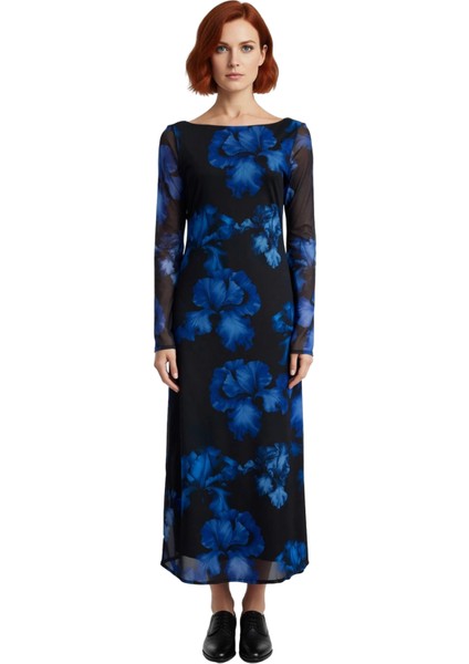 Kadın Uzun Kollu Kayık Yaka Bodycon Maxi Elbise Sırt Dekolteli Tül Dokulu Soyut Çiçekli Şık