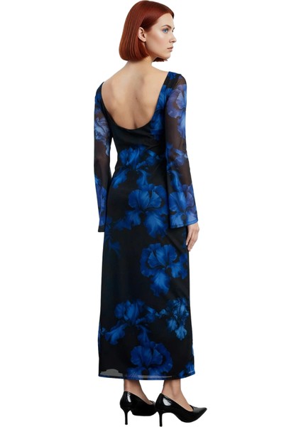 Kadın Uzun Kollu Kayık Yaka Bodycon Maxi Elbise Sırt Dekolteli Tül Dokulu Soyut Çiçekli Şık fiyatları