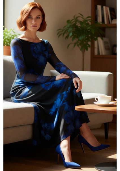 Kadın Uzun Kollu Kayık Yaka Bodycon Maxi Elbise Sırt Dekolteli Tül Dokulu Soyut Çiçekli Şık fırsatları