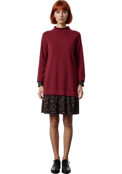 Kadın Casual Stil Selanik Örme Mini Elbise Dik Yaka Uzun Kollu Çiçek Desen Detaylı Konforlu