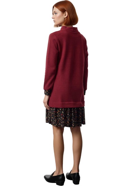 Kadın Casual Stil Selanik Örme Mini Elbise Dik Yaka Uzun Kollu Çiçek Desen Detaylı Konforlu fiyatları