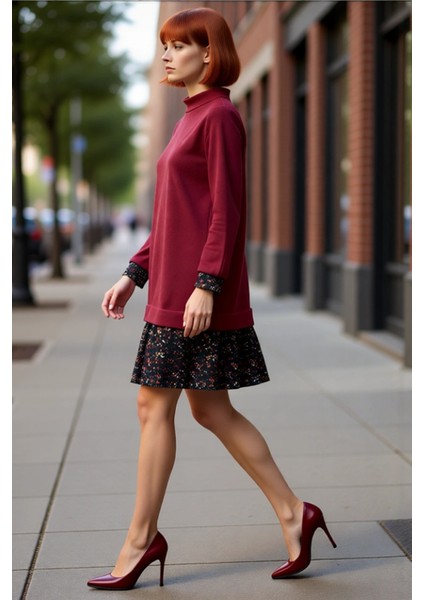 Kadın Casual Stil Selanik Örme Mini Elbise Dik Yaka Uzun Kollu Çiçek Desen Detaylı Konforlu modelleri