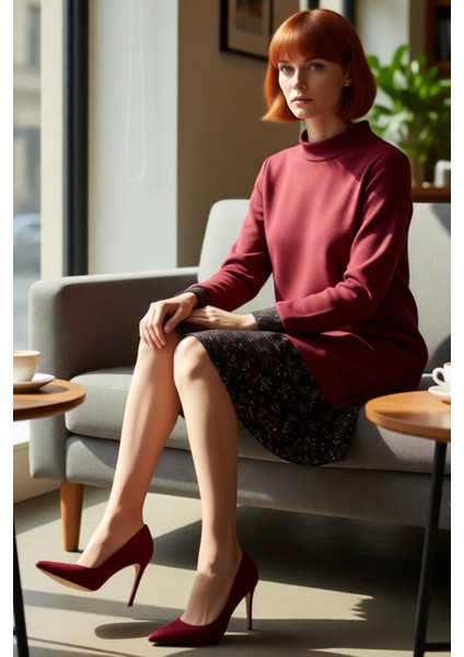 Kadın Casual Stil Selanik Örme Mini Elbise Dik Yaka Uzun Kollu Çiçek Desen Detaylı Konforlu fırsatları