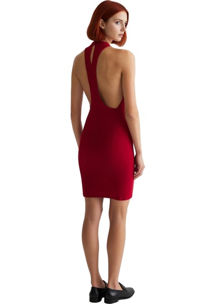 Kadın Bodycon Kesim Kırmızı Halter Yaka Kolsuz Mini Elbise Modern Şık Gece ve Özel Davetlerde modelleri