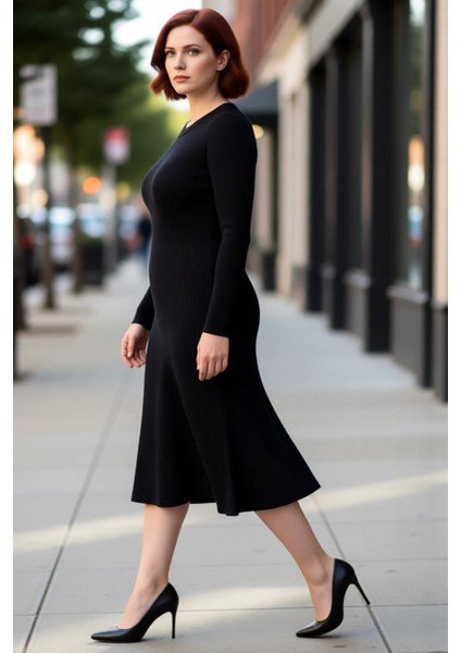 Kadın Bisiklet Yaka Midi Boy Uzun Kol Düz Desenli A Line Kesim Fitilli Triko Elbise Rahatlığı modelleri