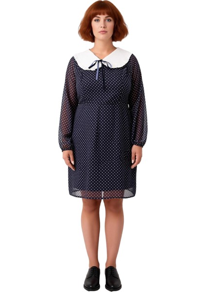 Büyük Beden Kadınlara Özel Puantiyeli Bebe Yaka Uzun Balon Kollu Şifon Mini Dokuma Elbise Kaliteli