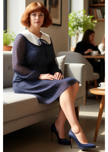 Büyük Beden Kadınlara Özel Puantiyeli Bebe Yaka Uzun Balon Kollu Şifon Mini Dokuma Elbise Kaliteli fırsatları