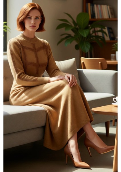 Kadın Günlük Dik Yaka Uzun Kollu Skater Maxi Triko Elbise Dantel Detayları ile Şık ve Rahat fırsatları