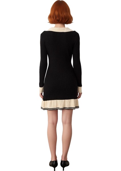 Kadınlar Için A Line Kesim Uzun Kollu Polo Yaka Renk Bloklu Triko Mini Elbise Rahatlığı. Kaliteli fiyatları