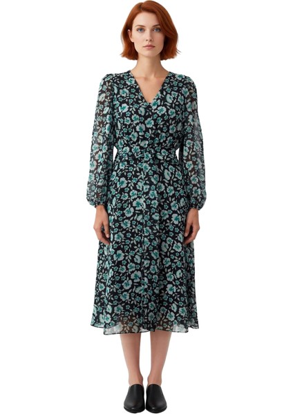 Kadın A Kesim Maxi Çiçekli Kuşaklı V Yaka Uzun Balon Kol Dokuma Şifon Elbise Zarafet ve Konfor