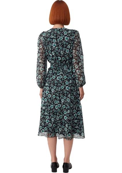 Kadın A Kesim Maxi Çiçekli Kuşaklı V Yaka Uzun Balon Kol Dokuma Şifon Elbise Zarafet ve Konfor fiyatları