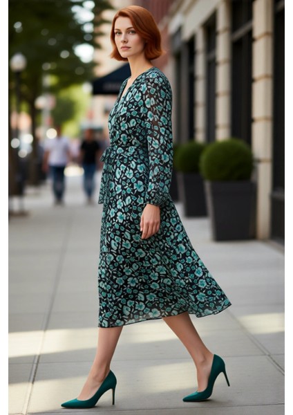 Kadın A Kesim Maxi Çiçekli Kuşaklı V Yaka Uzun Balon Kol Dokuma Şifon Elbise Zarafet ve Konfor modelleri