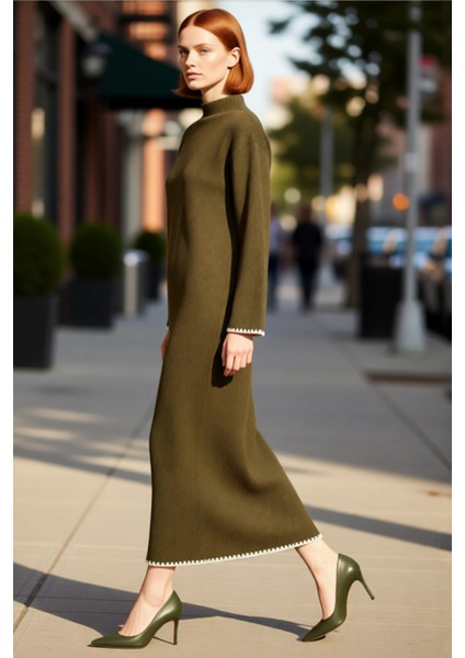 Kadın Düz Renk Dik Yaka Uzun Kollu Triko Elbise Shift Kalıp Çoban Dikiş Detaylı Kışlık Maxi fırsatları