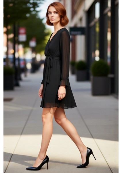 Kadın Siyah Düz Desen Kruvaze Yaka Balon Kol Detaylı Kuşaklı Astarlı Mini Şifon Elbise Kaliteli fırsatları
