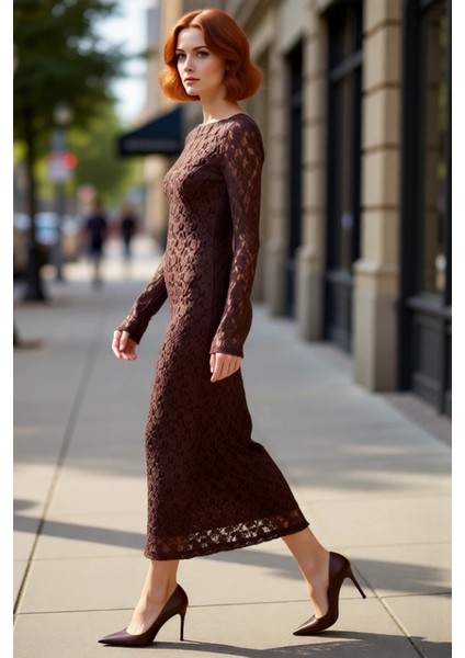 Kadın Kayık Yaka Bodycon Kesim Uzun Kollu Astarlı Dantel Detay Maxi Şık Mezuniyet Elbisesi modelleri