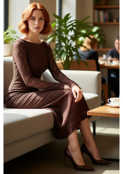 Kadın Kayık Yaka Bodycon Kesim Uzun Kollu Astarlı Dantel Detay Maxi Şık Mezuniyet Elbisesi fırsatları