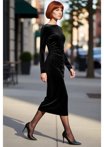 Kadın Şık Kayık Yaka Siyah Kadife Midi Elbise Uzun Kollu Büzgülü Bodycon Kış Mevsimi Özel Davet modelleri