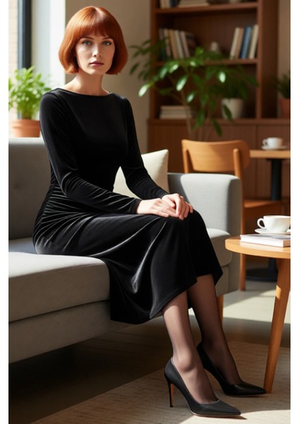 Kadın Şık Kayık Yaka Siyah Kadife Midi Elbise Uzun Kollu Büzgülü Bodycon Kış Mevsimi Özel Davet fırsatları