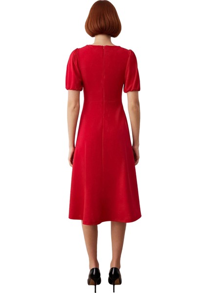 Kadın Şık Gece Ortamları Için Skater Midi Balon Kol Fiyonklu Bisiklet Yaka Kokteyl Elbisesi modelleri