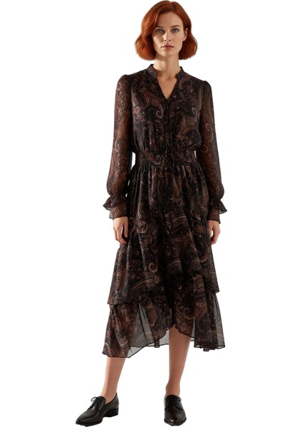 Kadın Balon Kollu Midi Boy Şifon Elbise Şal Desen Anahtar Deliği Yaka Skater Kalıp Astarlı Kışlık fiyatları