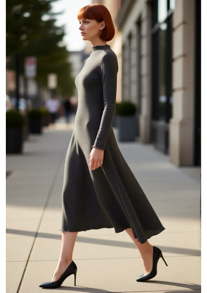 Kadın Asimetrik Kesimli Dik Yaka Uzun Kollu Bürümcük Maxi Elbise Kış Sezonu Için Şık ve Rahat modelleri