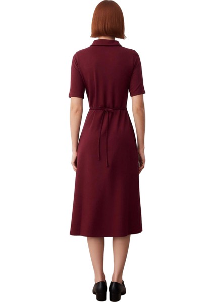 Kadın A Line Midi Elbise Polo Yaka Kemer Detaylı Yarım Pat Düğmeli Standart Kollu Interlok Şıklığı fiyatları