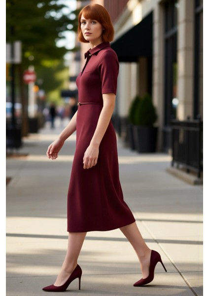 Kadın A Line Midi Elbise Polo Yaka Kemer Detaylı Yarım Pat Düğmeli Standart Kollu Interlok Şıklığı modelleri
