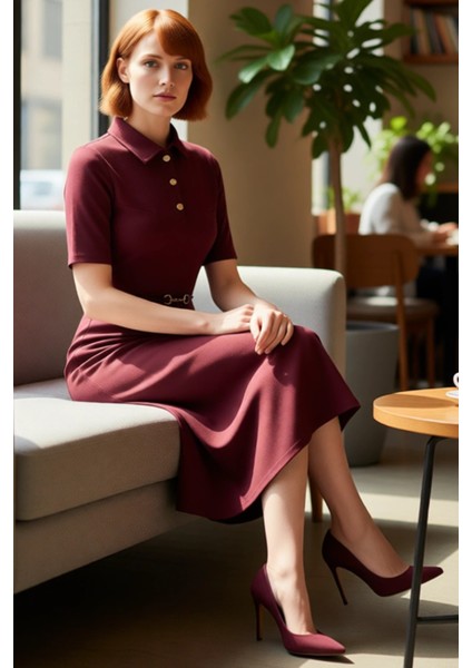 Kadın A Line Midi Elbise Polo Yaka Kemer Detaylı Yarım Pat Düğmeli Standart Kollu Interlok Şıklığı fırsatları