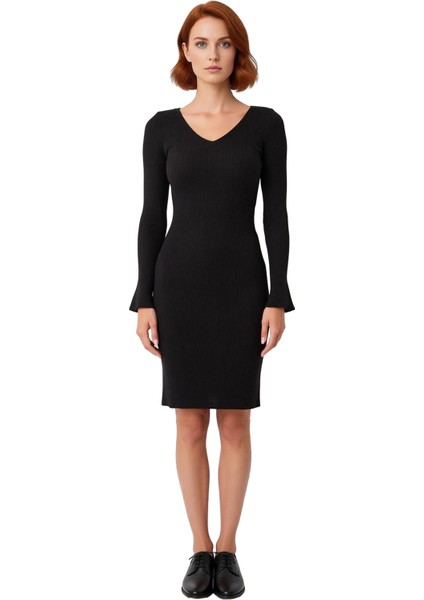 Kadın Uzun Kollu V Yaka Triko Bodycon Mini Elbise Şık Akrilik Kışlık Günlük Kombin Için Harika Seçim