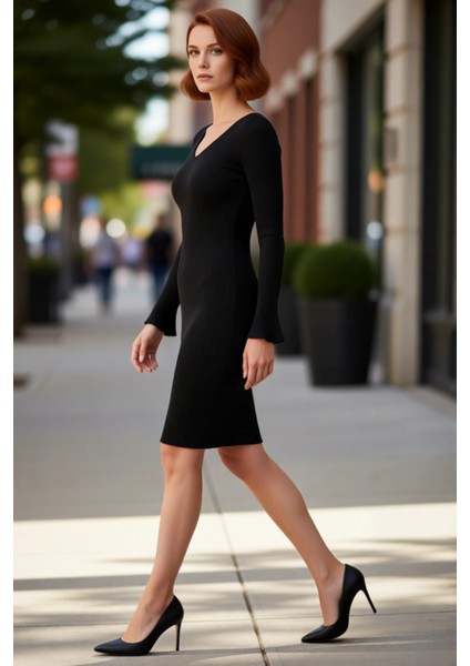 Kadın Uzun Kollu V Yaka Triko Bodycon Mini Elbise Şık Akrilik Kışlık Günlük Kombin Için Harika Seçim modelleri