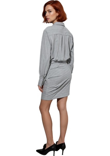 Kadın Çizgili Gömlek Yaka Uzun Kollu Dokuma Drape Detaylı Günlük Şık Mini Elbise Stili fiyatları