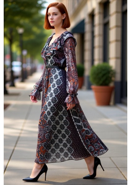 Kadın Astarlı V Yaka Balon Kol Şal Desenli Maxi Elbise Skater Kalıbı Ile Göz Kamaştırır. Kaliteli modelleri